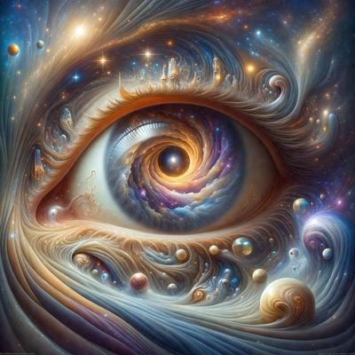 The primary subject of the image is a close-up of an eye, which is the focal point of the scene. The eye is surrounded by a vibrant and colorful background, featuring a swirling pattern of stars and planets. The visual style of the image is a combination of digital art and illustration, creating a surreal and dreamlike atmosphere. The dominant colors in the image are blue, purple, and orange, which contribute to the overall mood of the scene.